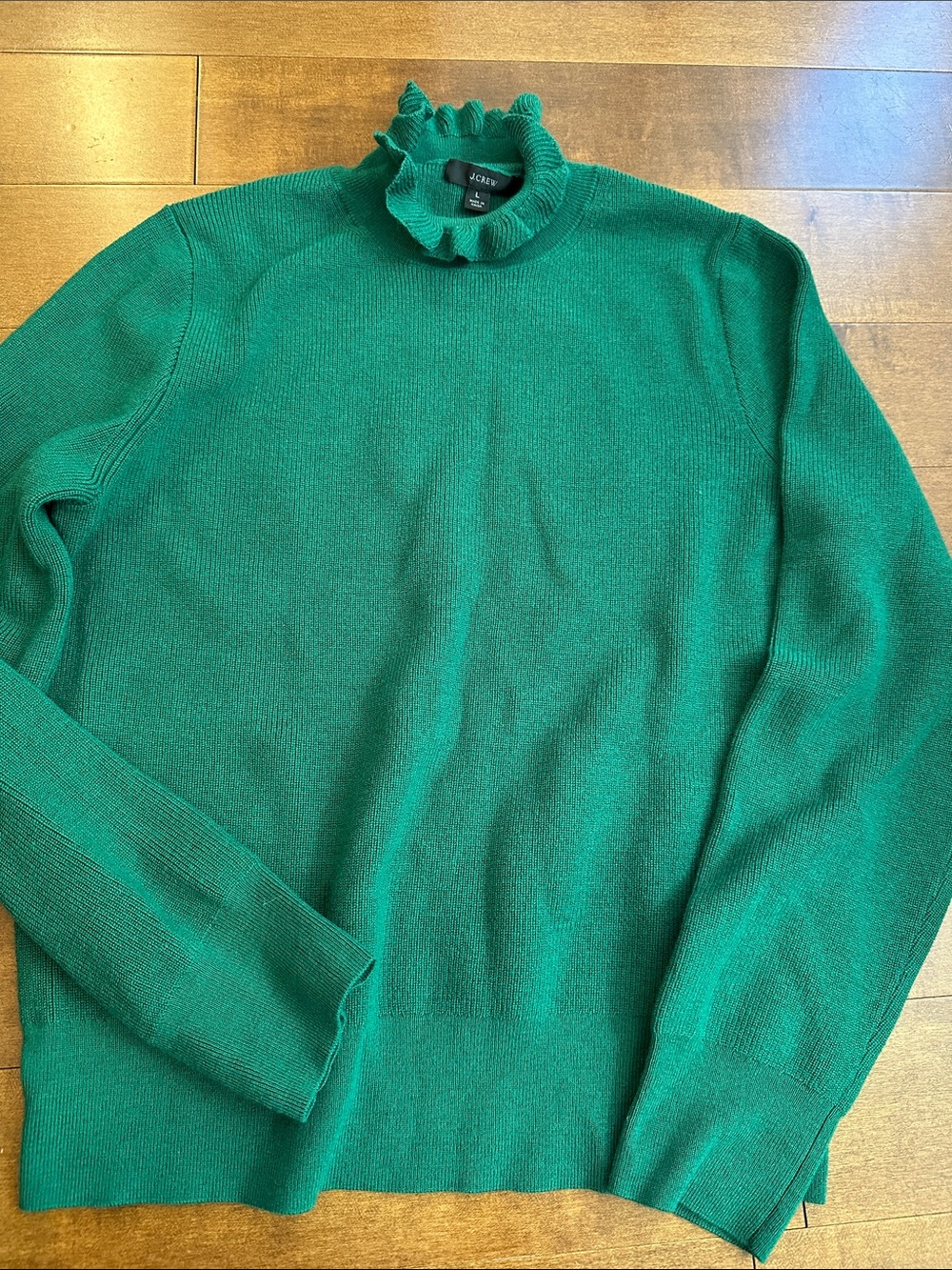 J. Crew Emerald Green Ruffle Turtleneck Sweater
